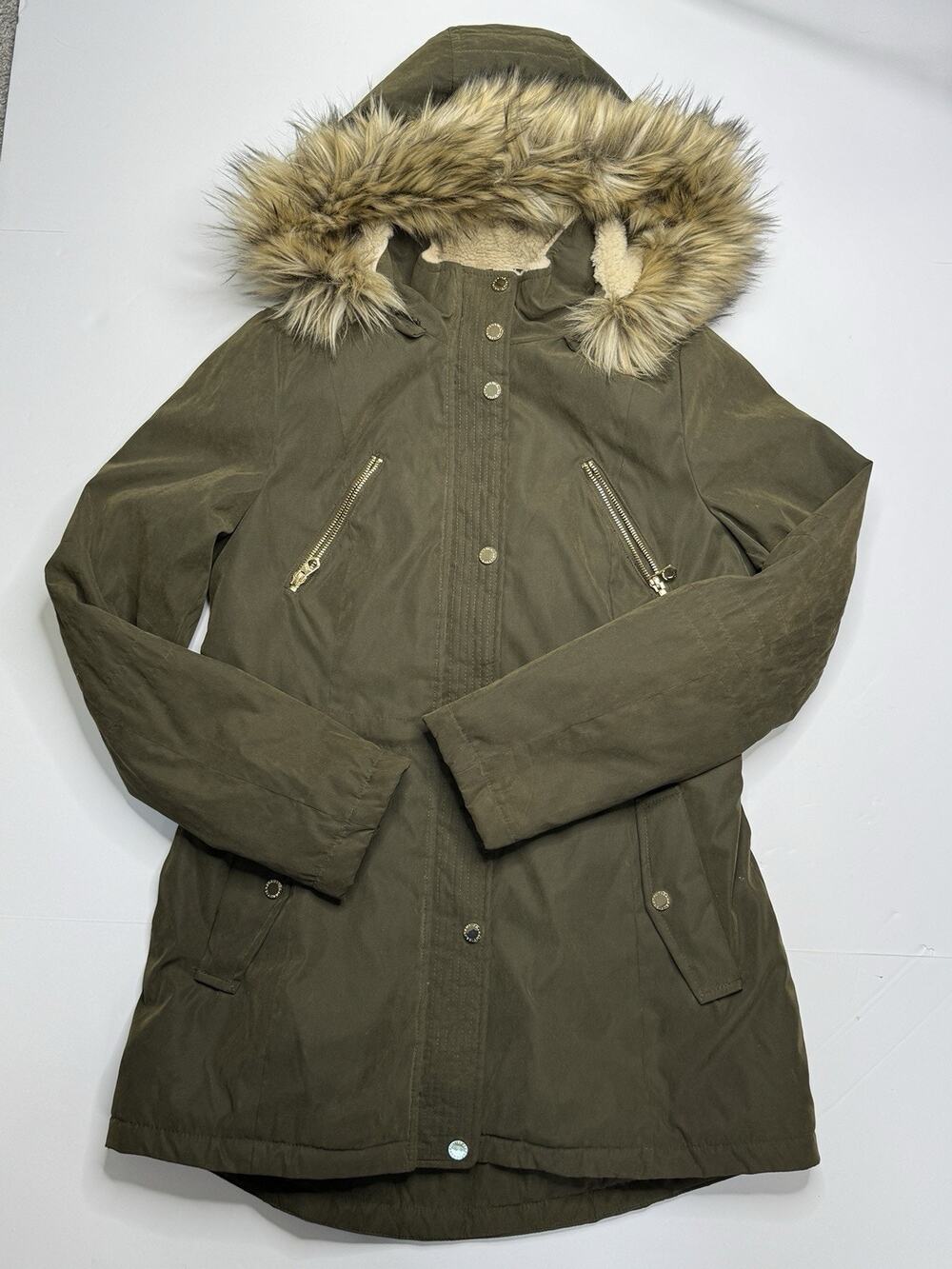 Nautica Womens S Olive Green Sherpa Lined Parka Faux Fur Hood Winter Coat